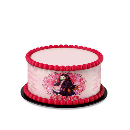 Demon Slayer Nezuko cake strips mockup showing pink checkered patterns wrapped around a white tiered cake