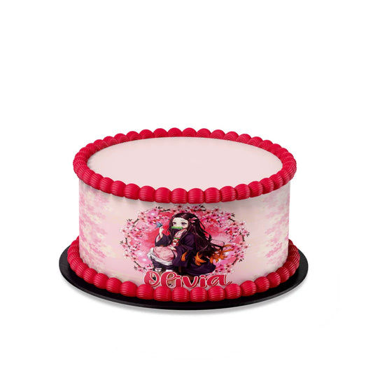 Demon Slayer Nezuko cake strips mockup showing pink checkered patterns wrapped around a white tiered cake