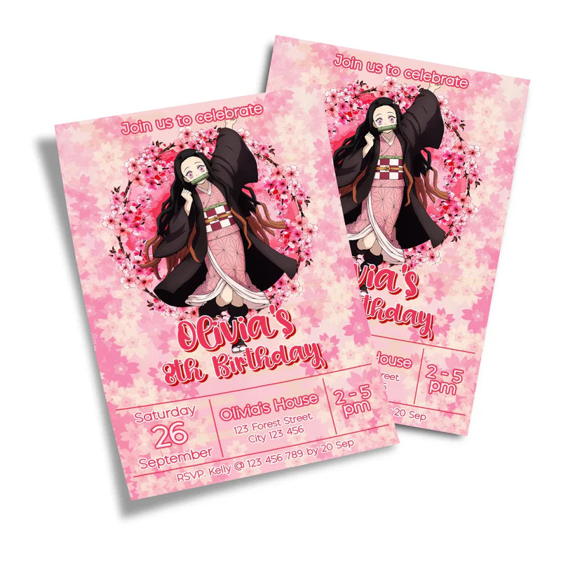 Demon Slayer Nezuko birthday invitation template featuring a pink cherry blossom border on a white background