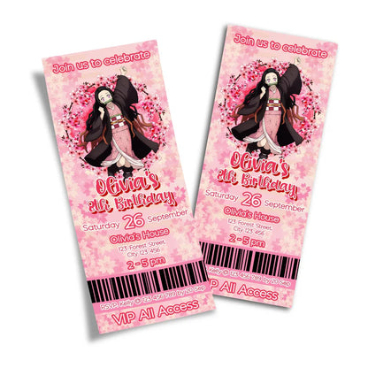 Demon Slayer Nezuko ticket invitation layout designed as a pink and green anime concert admission pass