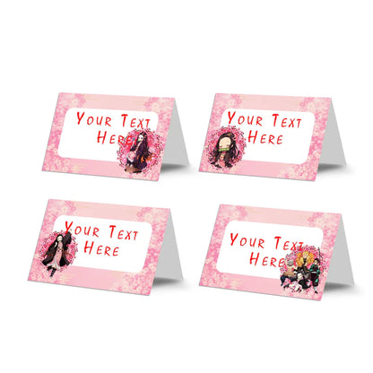 Demon Slayer Nezuko food cards showing tented buffet labels with pink anime graphics on a wooden surface