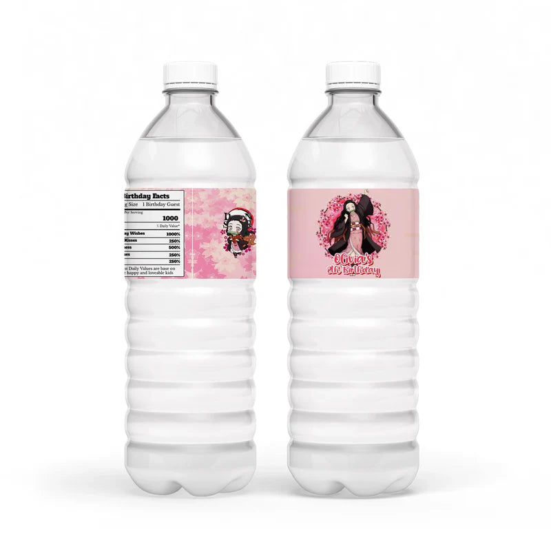 Demon Slayer Nezuko water bottle labels wrapped around plastic bottles displaying a personalized name graphic