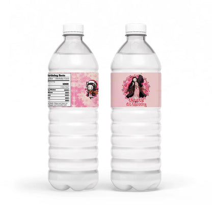 Demon Slayer Nezuko water bottle labels wrapped around plastic bottles displaying a personalized name graphic