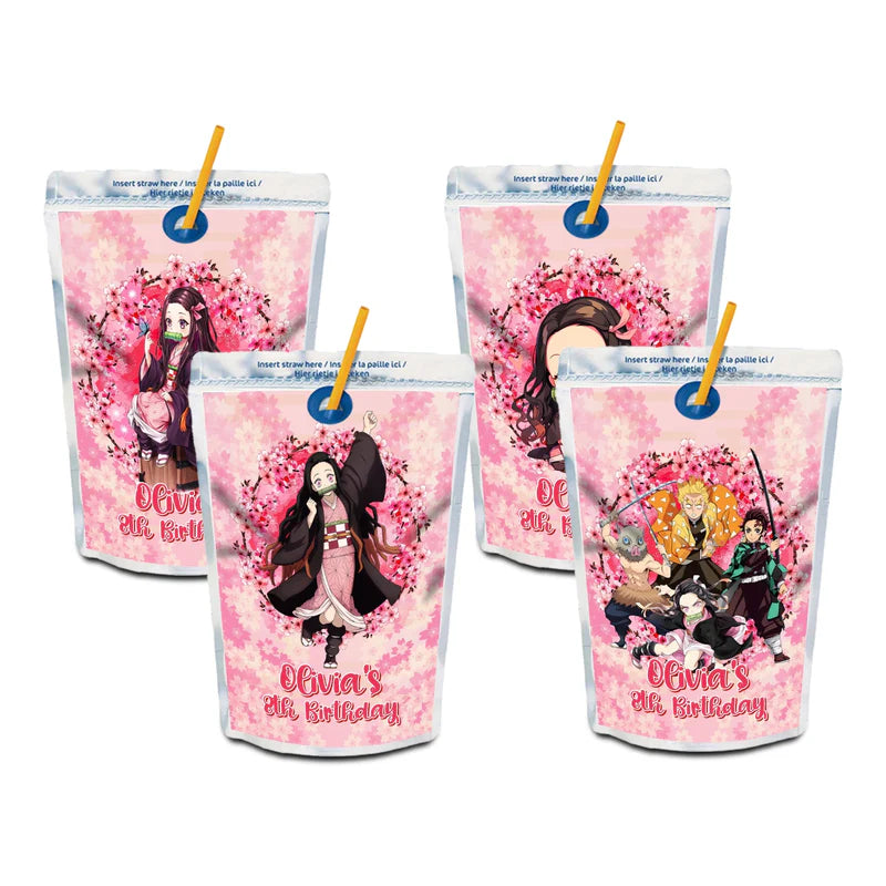 Demon Slayer Nezuko juice pouch label template featuring a vibrant pink character design on a silver pouch mockup