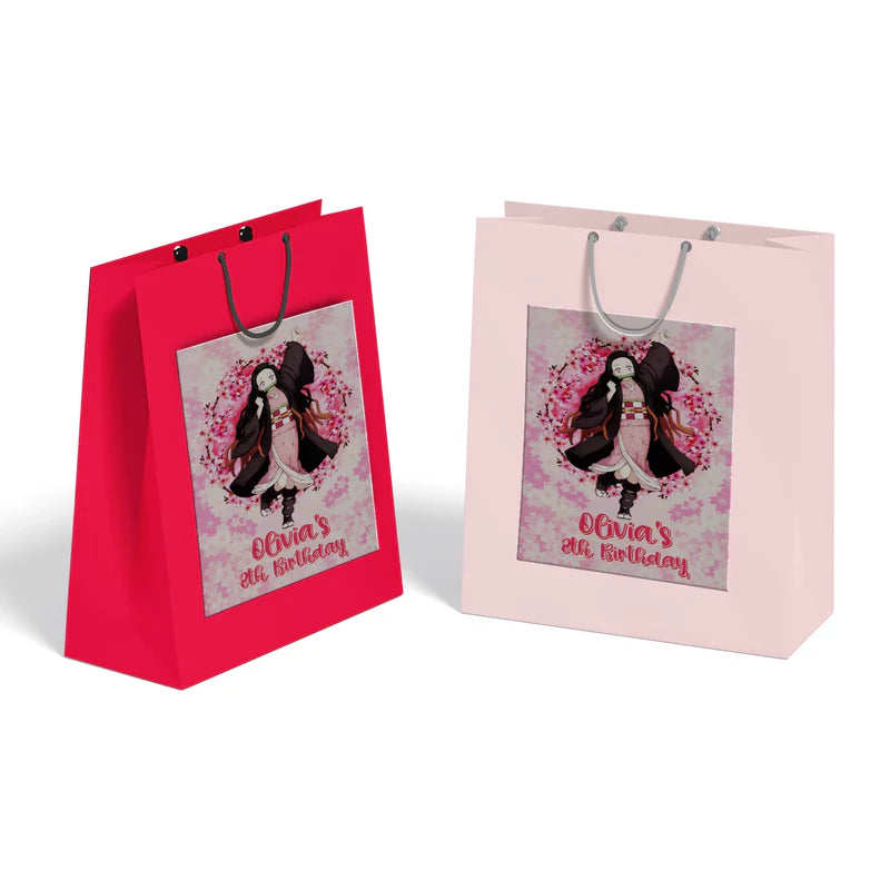 Demon Slayer Nezuko goodie bag label mockup showing a anime gift bag with pink patterns on a flat surface