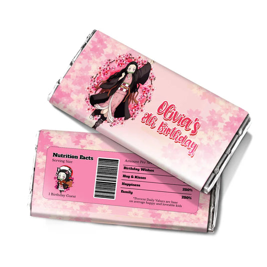 Demon Slayer Nezuko chocolate label wrapped around a candy bar featuring a name and green accents
