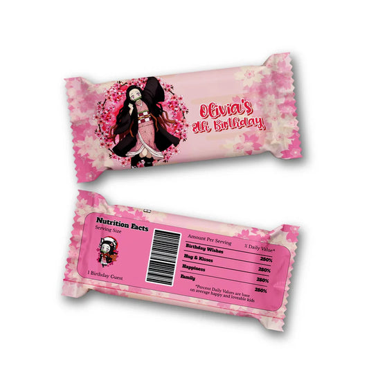 Nezuko Rice Krispies and candy bar labels shown together as matching pink themed treat wrappers