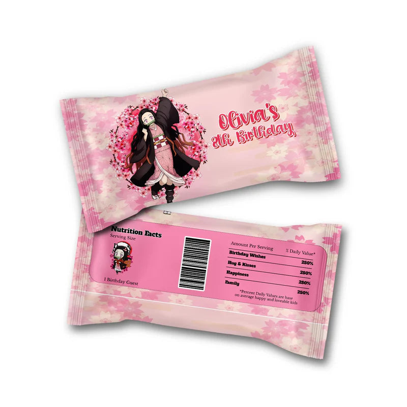 Demon Slayer Nezuko M&M Chocolate label template wrapped around a candy bag featuring text and bright graphics