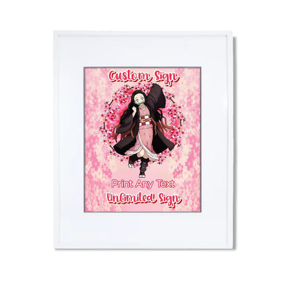 Demon Slayer Nezuko sign mockup in a white frame showing a personalized anime party welcome message