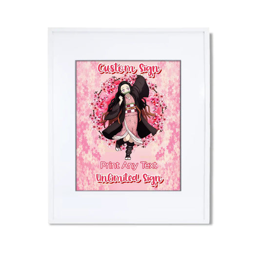 Demon Slayer Nezuko sign mockup in a white frame showing a personalized anime party welcome message
