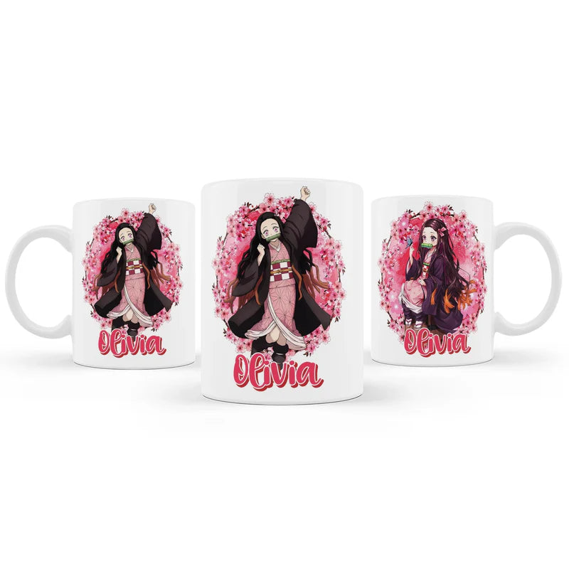 Demon Slayer Nezuko sublimation mug mockup displaying a ceramic cup with a vibrant wrap around pink graphic