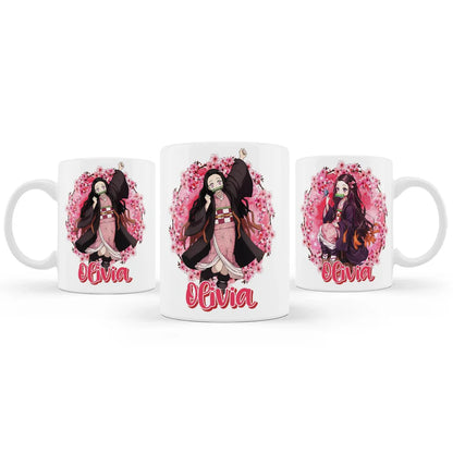 Demon Slayer Nezuko sublimation mug mockup displaying a ceramic cup with a vibrant wrap around pink graphic