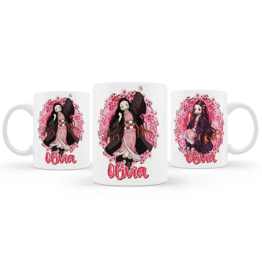 Demon Slayer Nezuko sublimation mug mockup displaying a ceramic cup with a vibrant wrap around pink graphic