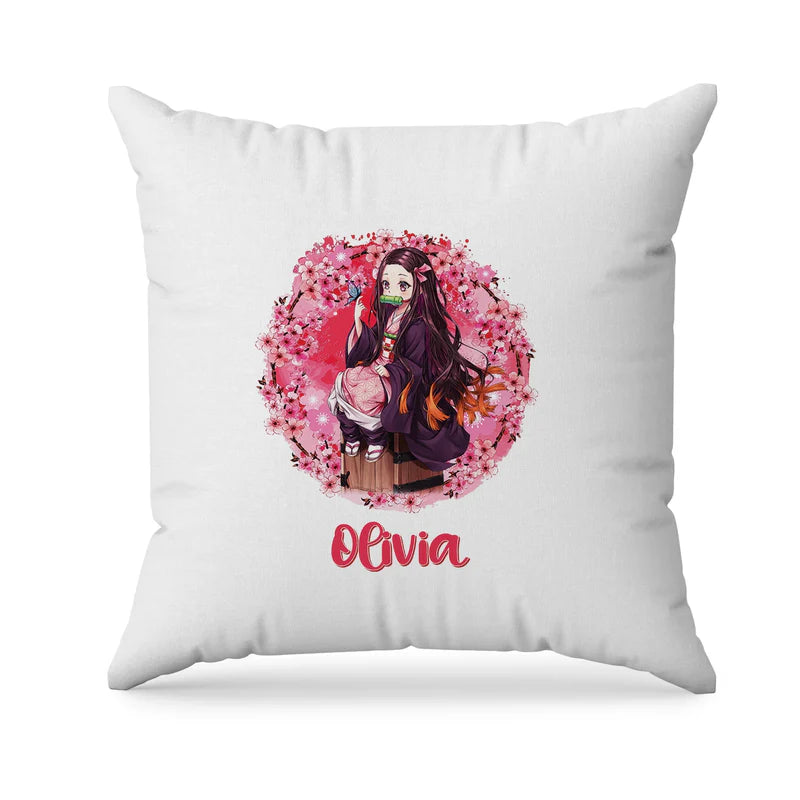 Demon Slayer Nezuko sublimation pillowcase showing a square white cushion with aed anime character design