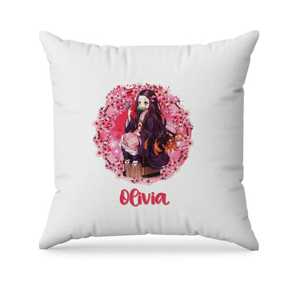 Demon Slayer Nezuko sublimation pillowcase showing a square white cushion with aed anime character design