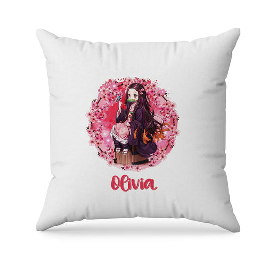 Demon Slayer Nezuko sublimation pillowcase showing a square white cushion with aed anime character design
