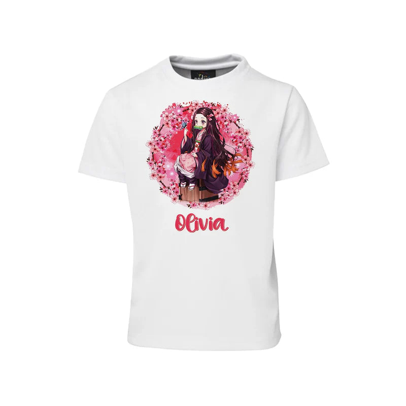 Demon Slayer Nezuko sublimation t-shirt flat lay featuring a white cotton shirt with a heat transfer