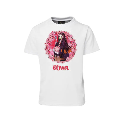Demon Slayer Nezuko sublimation t-shirt flat lay featuring a white cotton shirt with a heat transfer