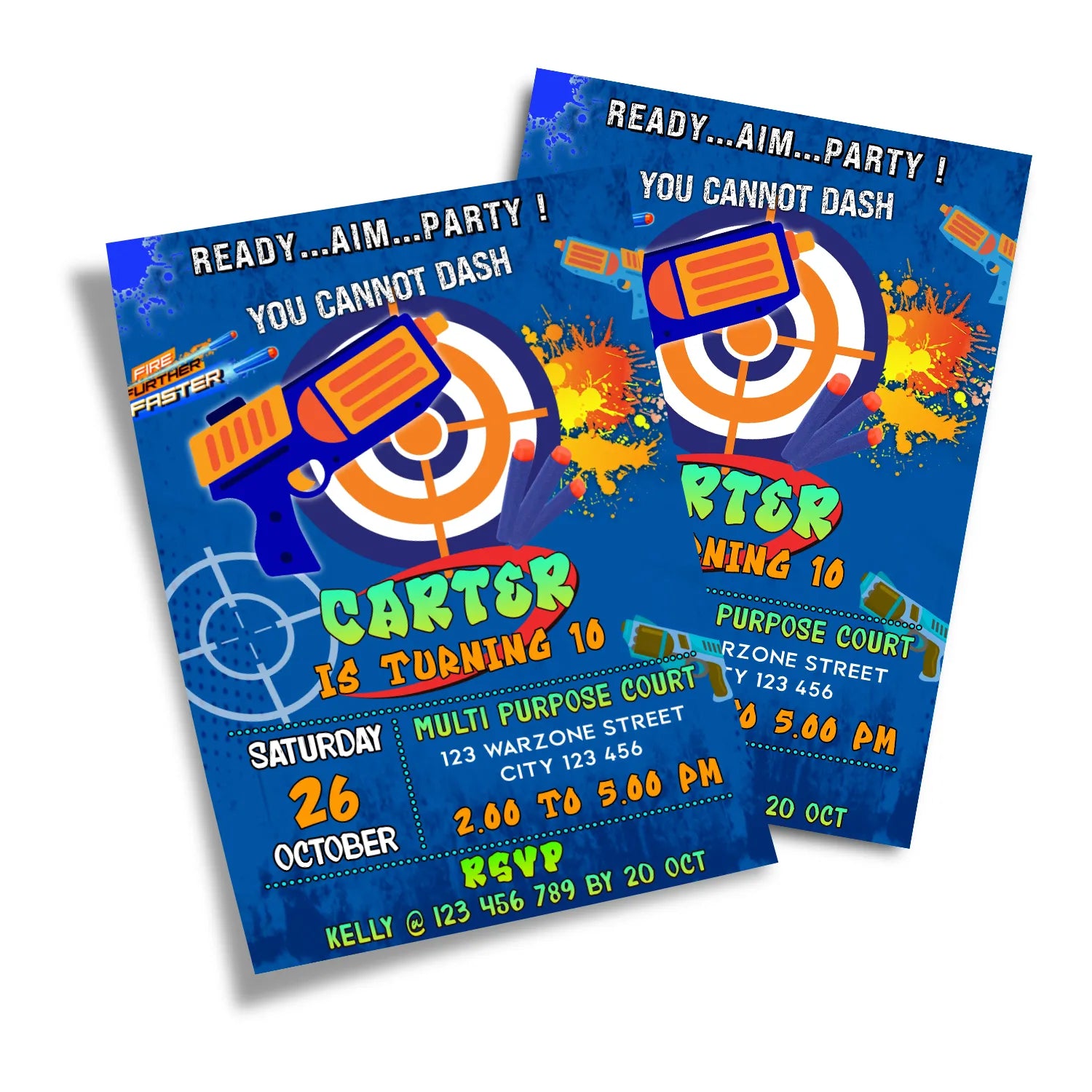 Nerf-themed birthday card invitations, adding a personalized touch to your party invites.