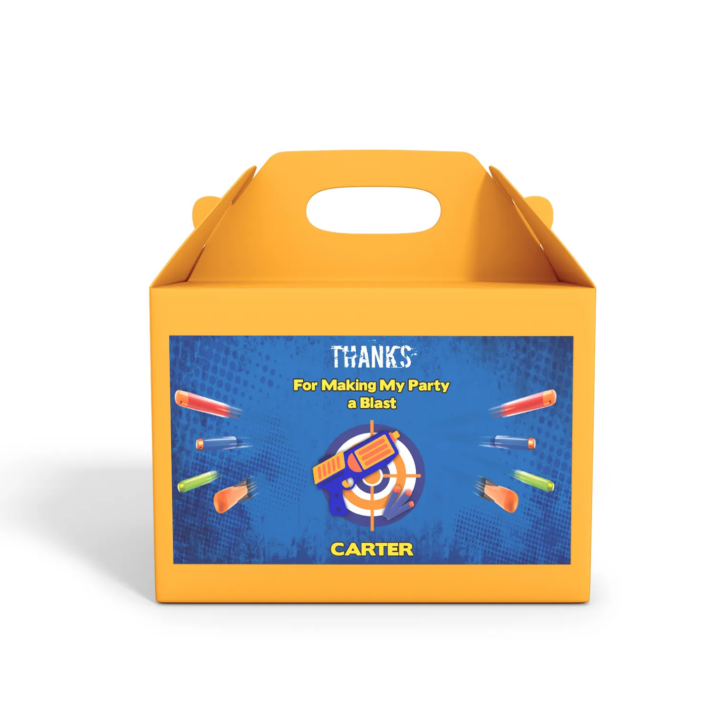 Gable box label with a Nerf theme, making your party favors stand out.