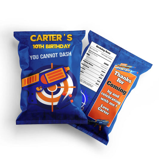 Chips bag label with a Nerf theme, customizing your snacks and adding fun to your party.