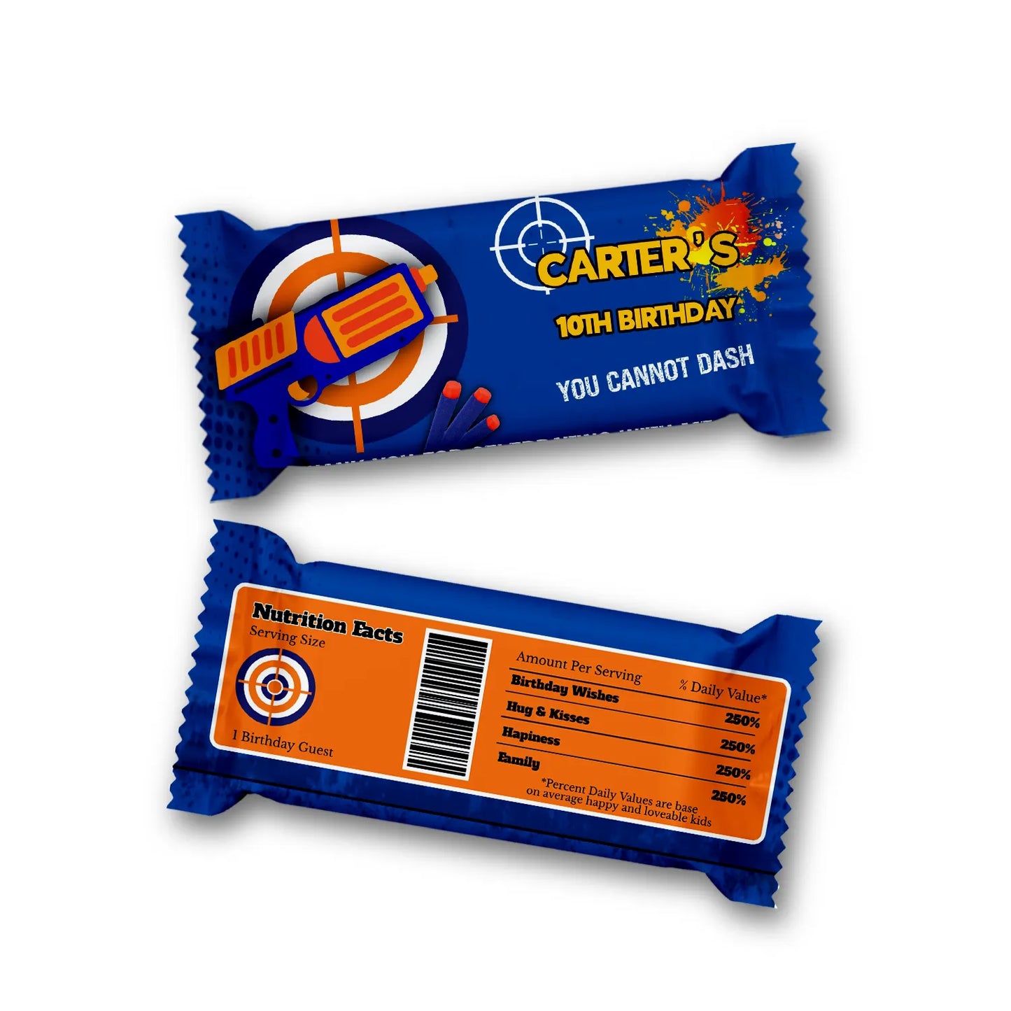 Rice Krispies treats label and candy bar label with a Nerf design, customizing your treats.