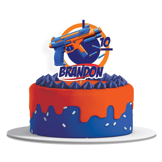 Personalized Nerf-themed cake topper adding a unique touch to your party.