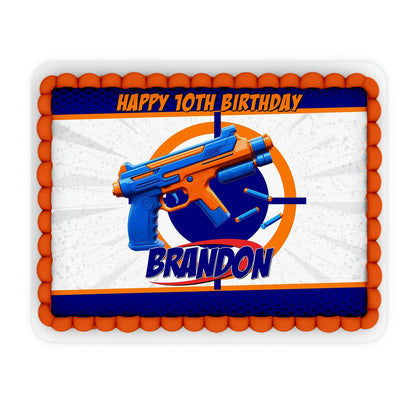 Rectangular personalized cake image, perfect for adding a Nerf theme to your party.