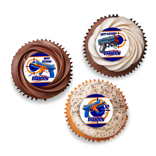 Personalized Nerf-themed cupcake toppers, adding a fun element to your cupcakes.