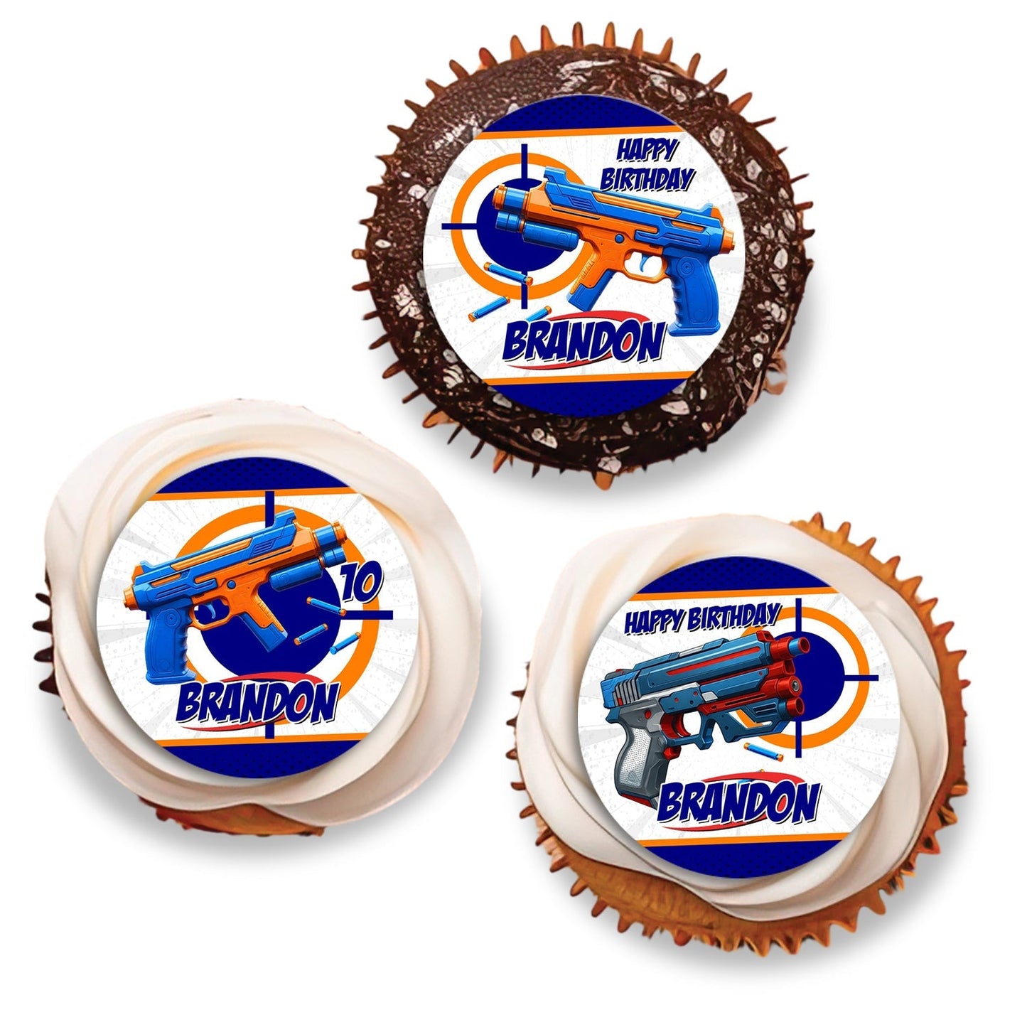 Personalized Nerf-themed cupcake toppers, adding a fun element to your cupcakes.