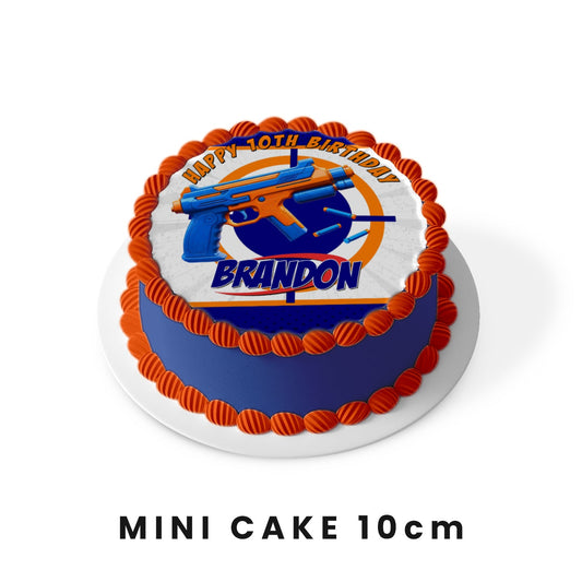 Round personalized cake image, enhancing your cake with a fun Nerf theme.