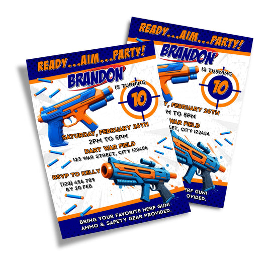 Nerf-themed birthday card invitations, adding a personalized touch to your party invites.