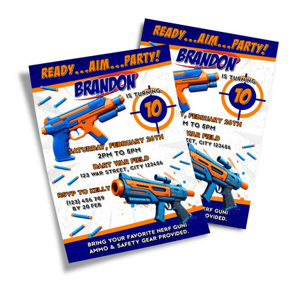 Nerf-themed birthday card invitations, adding a personalized touch to your party invites.