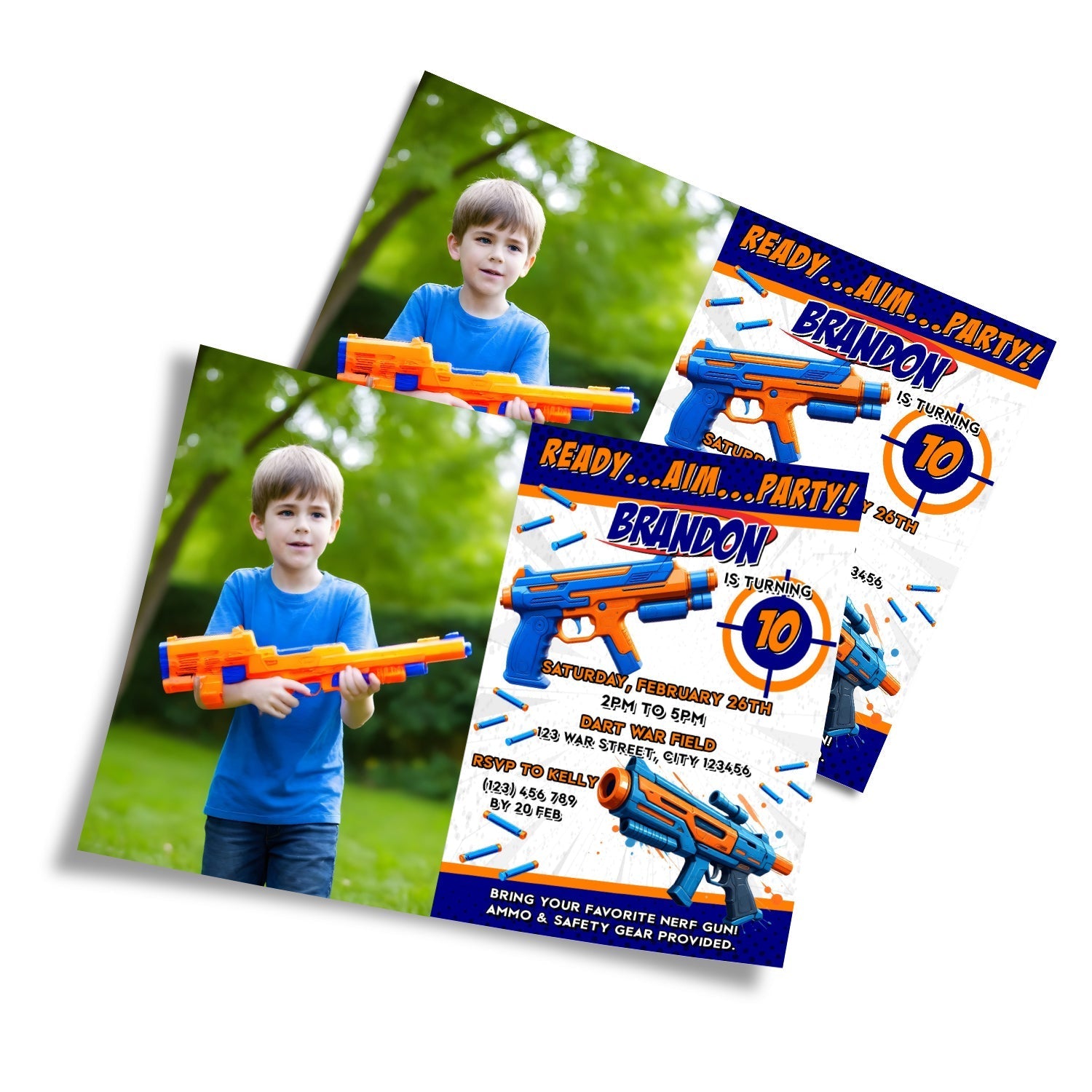 Personalized photo card invitations with a Nerf theme, making your invitations unique.