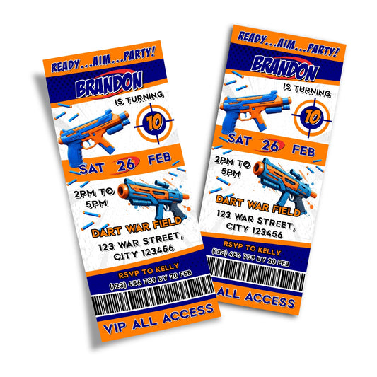 Nerf-themed birthday ticket invitations, making your guests feel special.