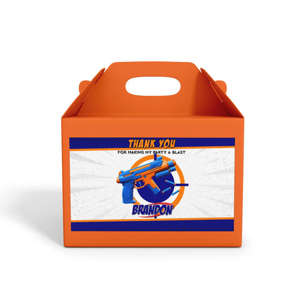 Gable box label with a Nerf theme, making your party favors stand out.