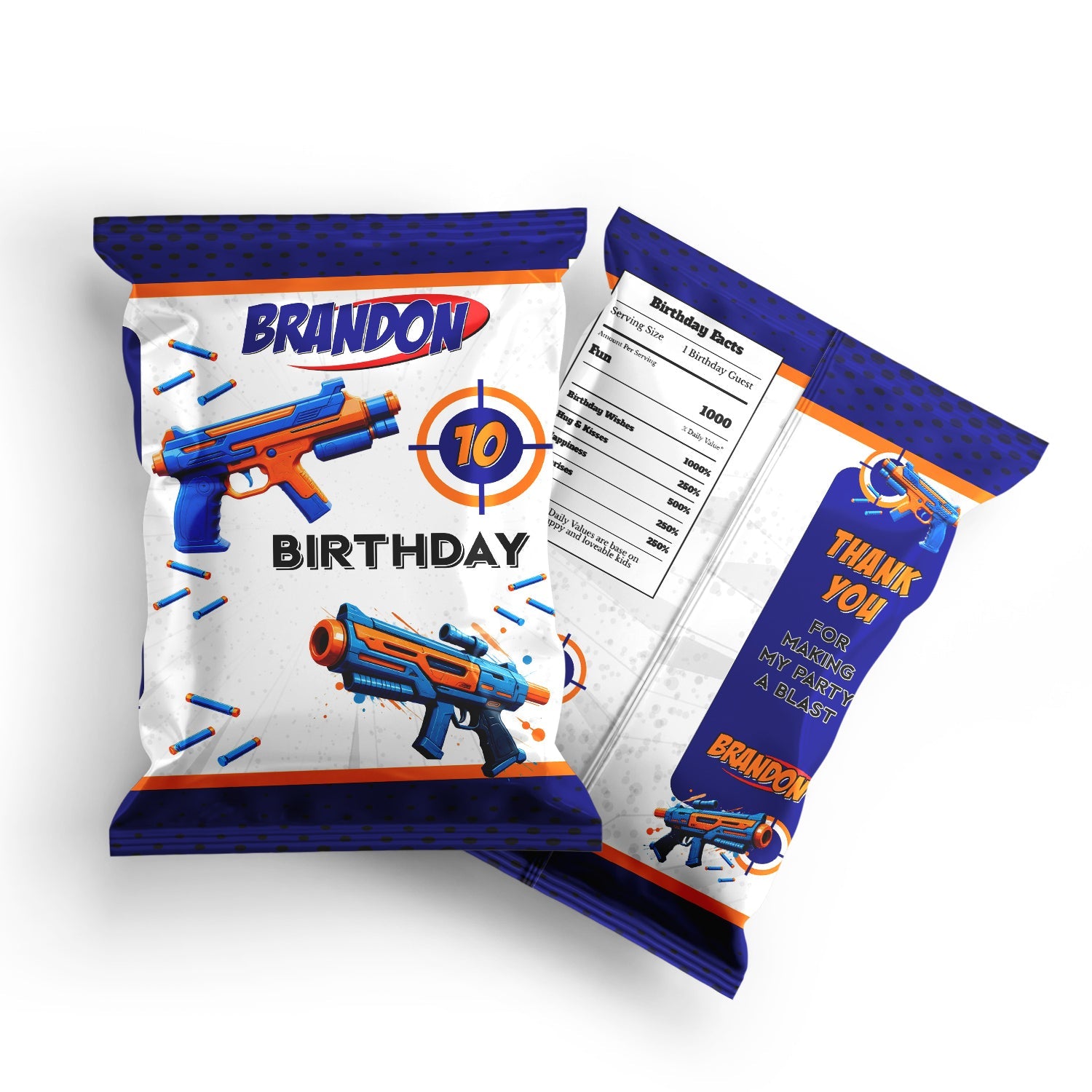Chips bag label with a Nerf theme, customizing your snacks and adding fun to your party.