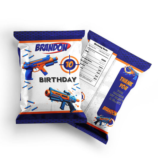Chips bag label with a Nerf theme, customizing your snacks and adding fun to your party.