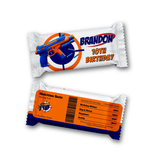 Rice Krispies treats label and candy bar label with a Nerf design, customizing your treats.