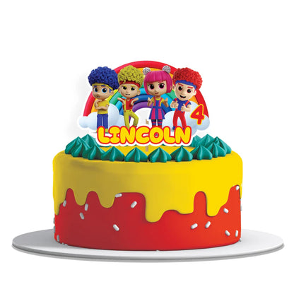 D Billions personalized cake toppers with fun kids characters and bright colors, cardstock toppers on white background