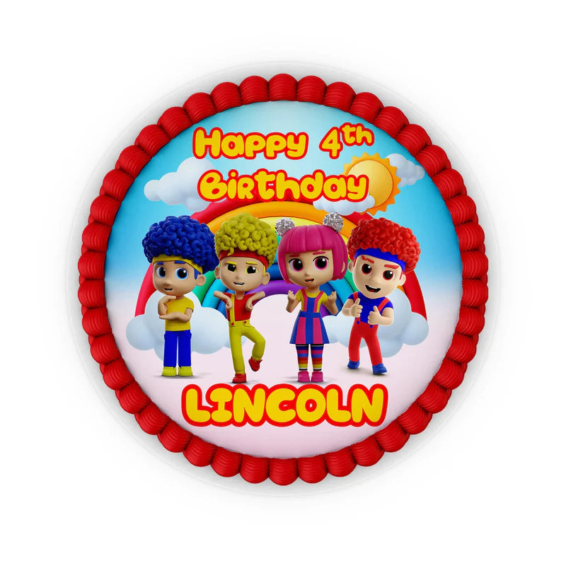 D Billions personalized edible icing cake images with colorful character graphics and bright tones, frosting sheets on white background