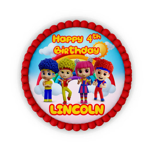 D Billions personalized edible icing cake images with colorful character graphics and bright tones, frosting sheets on white background