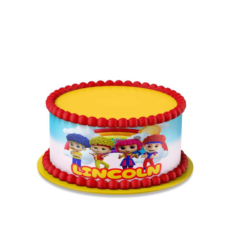 D Billions personalized cake strips with colorful character pattern and bold tones, wrap style cake decoration on white background