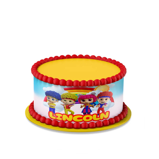 D Billions personalized cake strips with colorful character pattern and bold tones, wrap style cake decoration on white background
