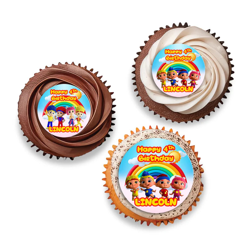 D Billions personalized cupcake toppers with colorful characters and bright tones, round toppers arranged on white background