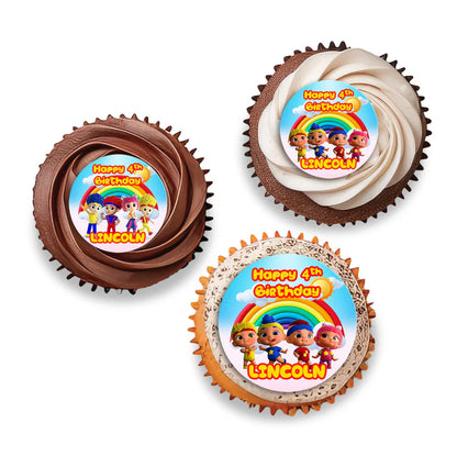 D Billions personalized cupcake toppers with colorful characters and bright tones, round toppers arranged on white background