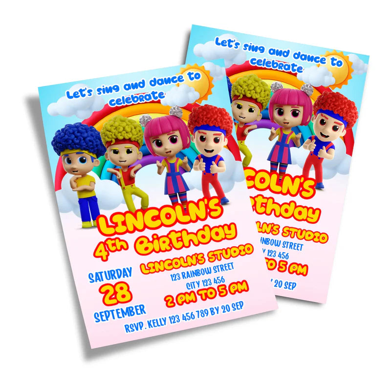 D Billions personalized birthday card invitations with kids theme graphics and bright colors, flat lay card on white background