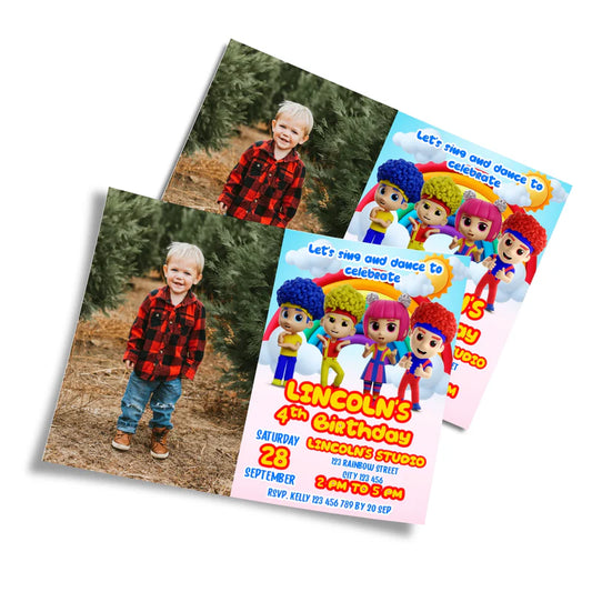 D Billions personalized photo card invitations with colorful design and photo space, displayed on white background