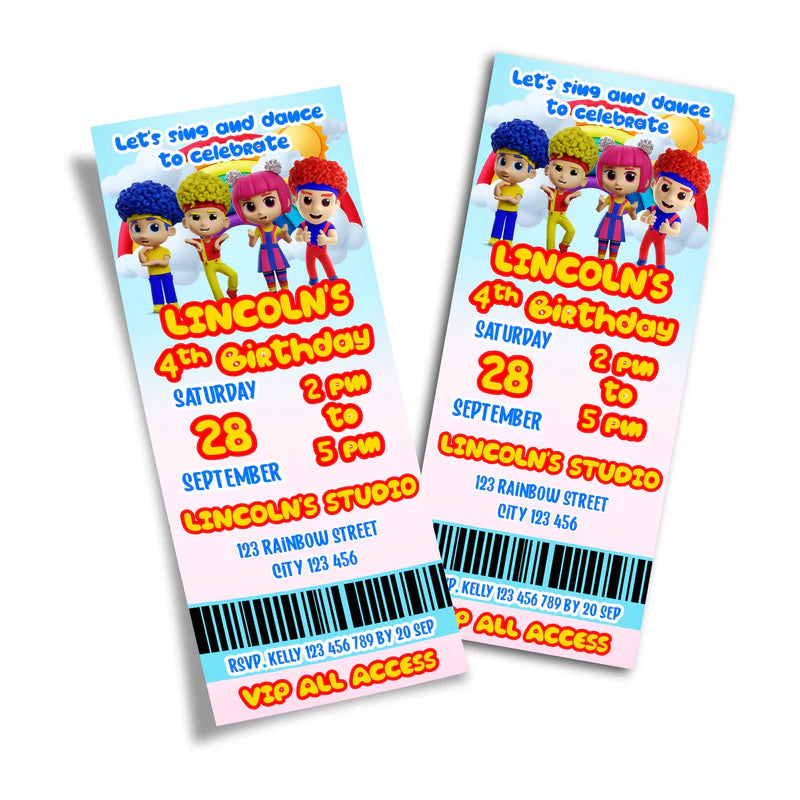 D Billions personalized birthday ticket invitations with kids theme graphics and bold layout, ticket style on white background