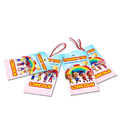D Billions thank you tags with colorful characters and bright tones, favor tags arranged on white background